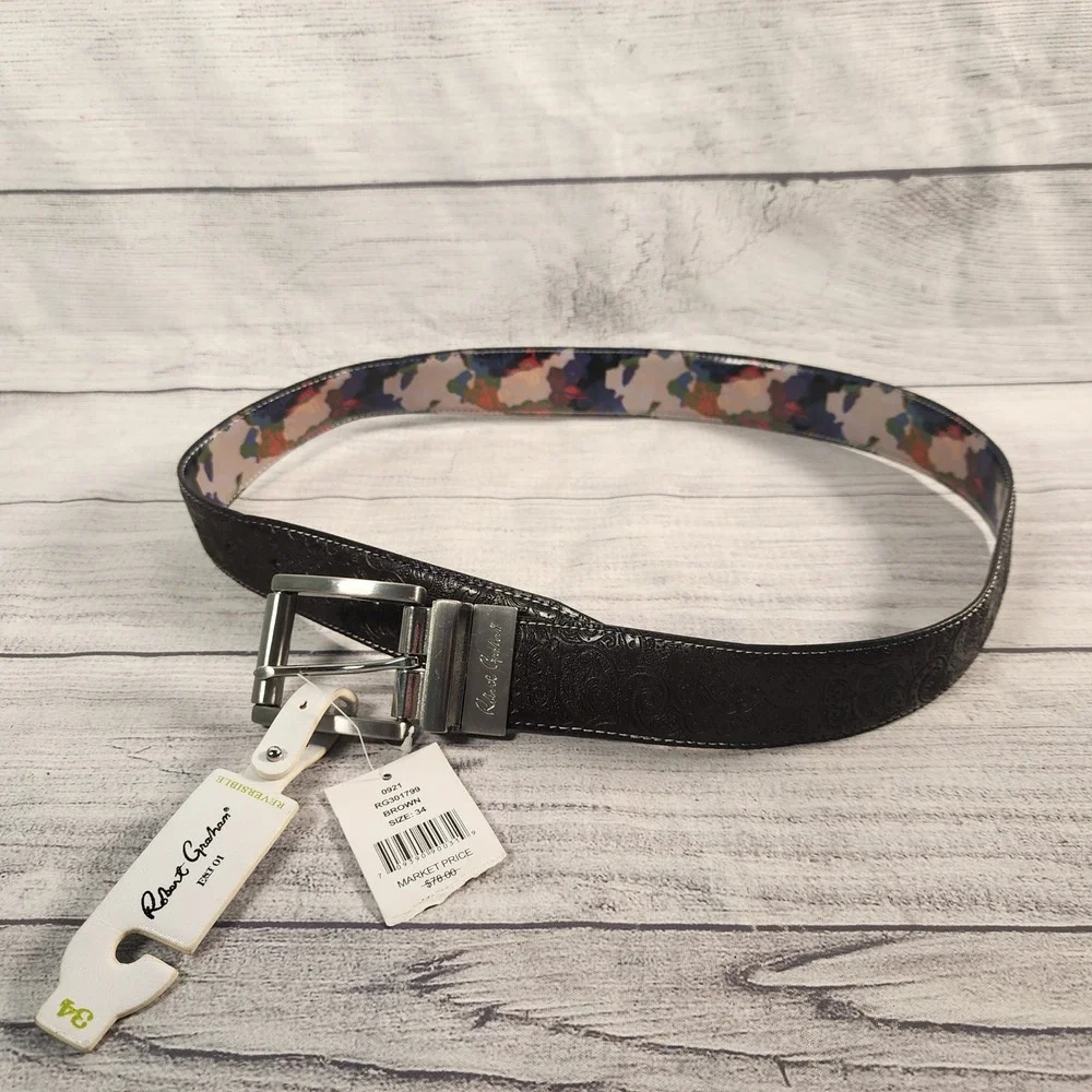 Robert Graham Size 34 Buried Treasure Reversible Belt Brown Paisley Floral NEW